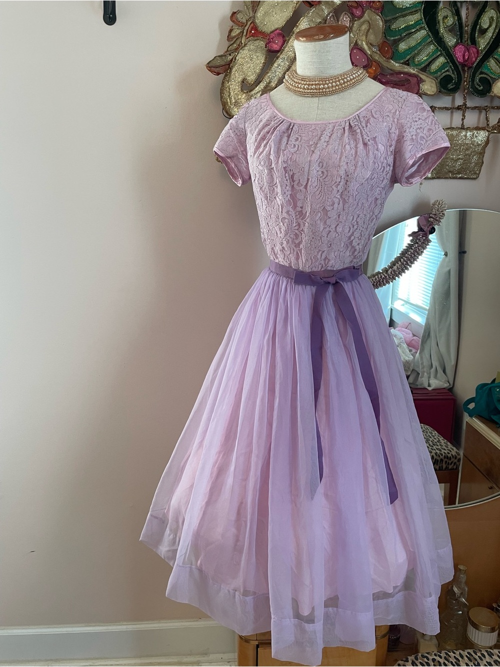 1960s Lavender Lace Cupcake Party Dress with Grosgrain Ribbon Waist Back Zip - Picture 2 of 12
